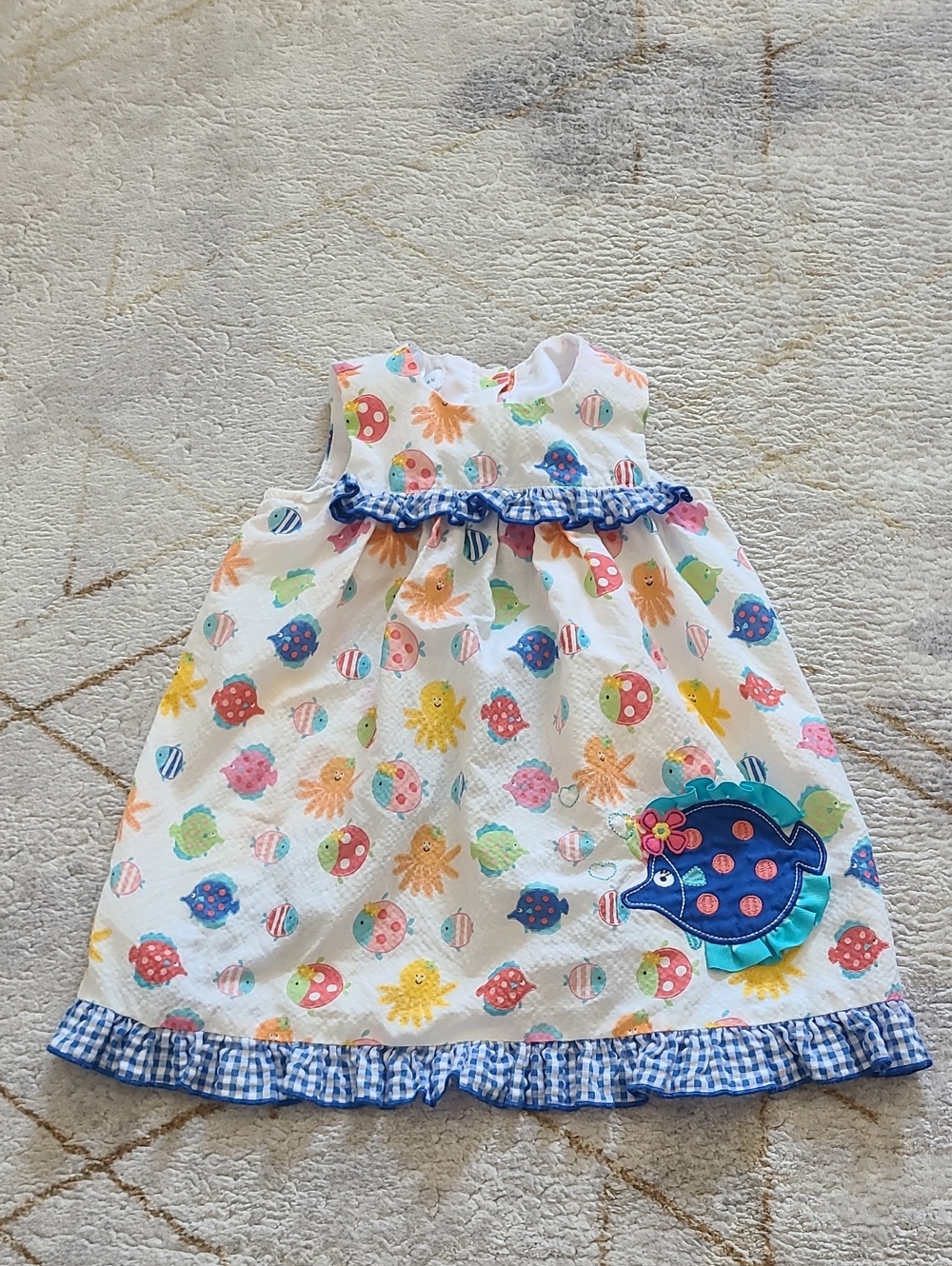 Girls White Multi-Color Sea Life Dress with Blue Trim